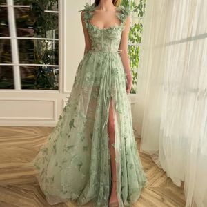 2024 SAGE PROM Birthday Dress 3d Lace Butterfiles Sweetheart Spaghetti Straps A-Line High Slit Evening Formal Party Gowns Robe de Soiree