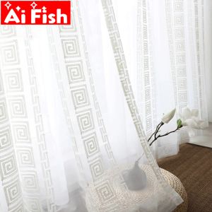 Шторы Китайские классические ткани для штор Белая вышивка Нитью Геометрическая оконная перегородка из органзы Тюлевые шторы для гостиной # 40
