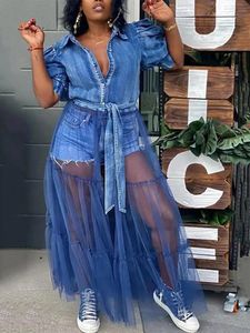 Plus Size Dresse Clothing Elegant Shirt Long Denim Dress Mesh Patchwork Ladies Jeans Wholesale Bulk Drop 240312