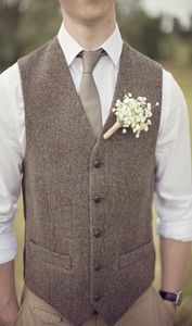 Brudgumv västar för gård bröllop brun ull fiskbens tweed skräddarsydd brudgum väst smal fit mens kostym väst prom bröllop waistcoat pl7686956