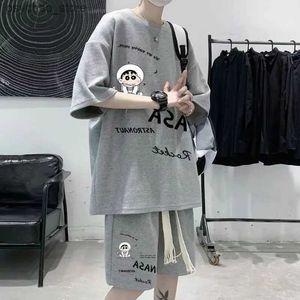 Men's Tracksuits Mens casual sportswear mens summer fashion waffle loose short sleeved T-shirt and shorts 2-piece set of mens sportswear Q240314