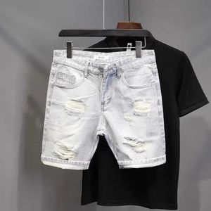 Coreano retro japonês versátil solto reto denim shorts calças casuais meninos cor branca curto rasgado hip hop jeans 240313