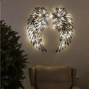 Stickers Metal Angel Wings Wall Sticker Black Art Decal Home Sculpture Wallpaper with LED Light/without Lights Modern Living Room Decor