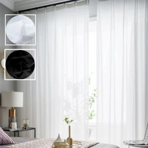 Cortinas 2 cores preto branco super macio elegante s dobras chiffon tule pura cortina para quarto sala de estar janela oculta abas traseiras