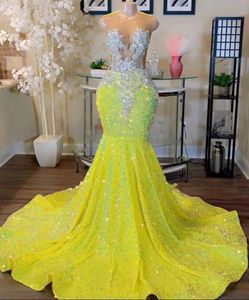 Paljett Shinning Yellow Mermaid Prom Dresses Jewel Neck Lace Applicques Plus Size Födelsedagsfestklänningar för afrikanska flickor BC