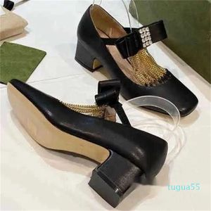 Designer style square head leather elegant middle heel thick heel four seasons single shoes