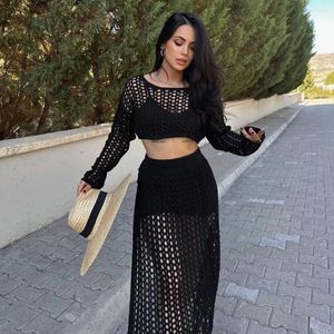 Work Dresses Crochet Knitted Two Piece Skirt Set 2024 Winter Women Elegant Beach Vacation Sexy Party Long Hollow Out Dress 2 Outfit