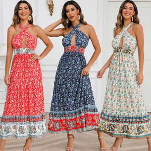 Sexy alça cruzada pendurado pescoço verão novo vestido floral boêmio feminino