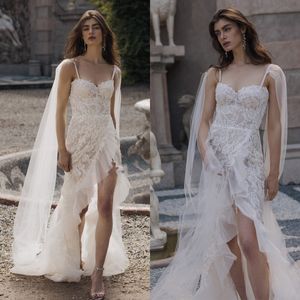 Fantasia vestido de casamento com apliques, alças espaguete, sereia, vestidos de noiva com capa, divisão alta, vestidos de noiva feitos sob medida, tamanho grande