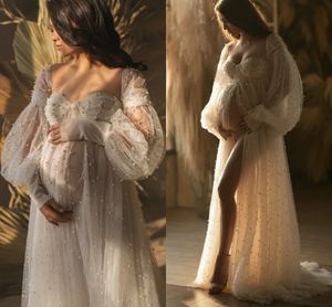 Sexiga elfenbenspärlor moderskap kväll formell klänning 2024 split av axel långärmad gravida prom party klänningar fotoshoot mantel de soiree