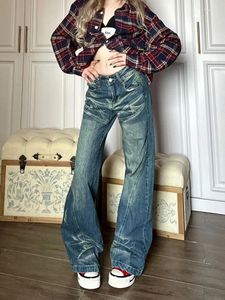 Jeans da donna HOUZHOU anni '90 Vintage Donna Y2k Estetico Retro Baggy Pantaloni in denim dritto Gyaru Stile coreano Distressed Streetwear