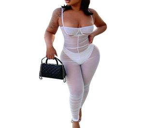 Sexy Women Mesh Mock Perspective Bikinis Cover Ups Solid Sling Straps Backless Romper Jumpsuits Swimsuits Beachwear White Black Wo2097643