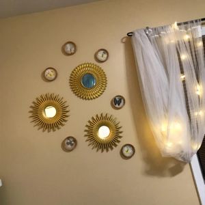 Espelhos dourados para decoração de parede, conjunto de 3 ornamentos suspensos, artesanato, suprimentos para casa, quarto, banheiro, pequeno espelho redondo de parede