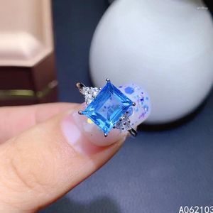 Pierścienie klastra KJjeaxcmy Fine Biżuteria 925 Srebrny Srebrny Inkrustowany Natural Blue Topaz Women's Mężczyźni Świeży prosty kwadratowy pierścień klejnot