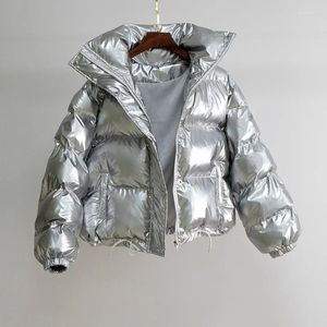 Damski okopa płaszcza streetwearu kobiety błyszcząca czarna skórzana kurtka puffer zimowa luźna bańka jasna metaliczna srebrna parka w dół