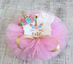 Bebek kız giysileri elbiseler 1 yıllık tek boynuzlu at elbise 1. doğum günü Unicornio Romper Tutu Head Band vaftiz Yeni doğmuş Noel kostümü xf1421091561