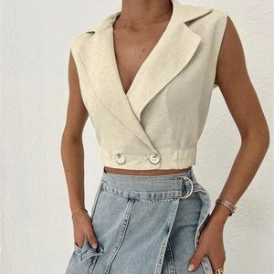 Damen-Tanks, Aprikose, Rosenrot, V-Ausschnitt, Baumwoll-Leinen, Blazer, Oberteile, Damen, Büro, Damen, zweireihig, Tanktop, kurze, ärmellose Blusen