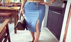 Lguch denim midi kjol sommar kjolar kvinnor mode 2020 jeans kjol hög midja blyerts kjol stretch koreansk jupe jean femme xs x044671156