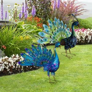 Sculptures Metal Peacocks Garden Statue Garden Decoration Outdoor Peacocks Figurine Decorative Animal Art Sculpture For Patio Lawn Garden