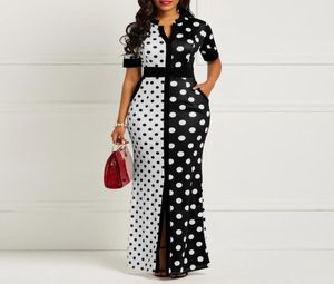 Clocolor African Sukienka Vintage Polka Dot Biała czarna drukowana retro bodycon Kobiety Summer krótkie rękawy plus długa sukienka Maxi Y197027787