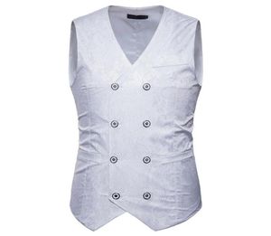 Men039S västar White Paisley Double Breasted Dress Suit Vest Men 2021 Märke Slim Fit Wedding Grom Prom Waistcoat Gilet Costume X9636603