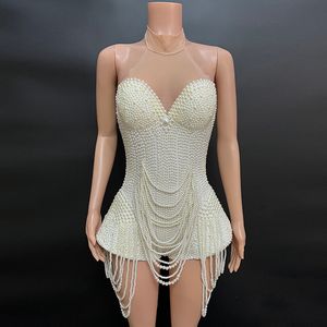Stage Wear White Pearls Beading Bodysuit Jazz Dance Costume Evening Nightclub Bar Show Prom Birthday Outfit Women Singer Clothes