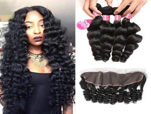 Meetu Loose Wave Human Hair 4 Bundles Wifts z koronkowym czołowym zamknięciem nieprzetworzone splot Remy For Women Jet Black 828 cala 7351501