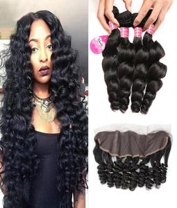 Meetu Loose Wave Human Hair 4 Bundles Wefts med spetsens frontal stängning obearbetad Remy Weave för kvinnor Jet Black 828inch4576769