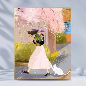 Number Hand filled color spring day girl cat oil color painting tulip cherry cure simple hanging digital oil painting