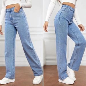 Kvinnors jeans med hög midja stilig hög midja med blixtlås med dragknapp stängning smal passande bred ben retro denim byxor för en
