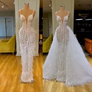 Abiti da sposa DHL Piuma di struzzo Guaina Colonna Perline Perline di cristallo Abiti da sposa Strass Perline Petites Plus Size Custom Made