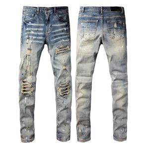 Estilo americano high street angustiado remendo transmissão ao vivo pintura azul clássico elástico jeans