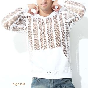 Męskie koszulki Mens Undershirt gejowskie odzież z siatkowa koszulka zobacz przez czyste długie rękawy z kapturem topy seksowna przezroczysta koszulka 838