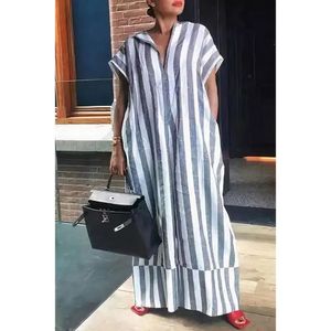 Plus Size Grey Casual Loose Short Sleeve V Neck Stripe Maxi Dresses 240311