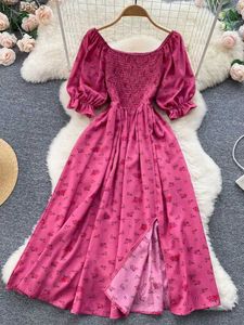 基本的なカジュアルドレスYuoomuoo Fast Shipping shipping Dress Fashion Romantic Floral Print Split Long Summer Dress Puff Sleeve Party Korean Vestidosl2403
