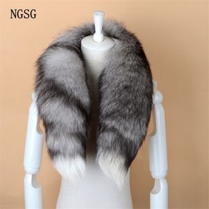 NGSG Real Fox Fur Scarf Women Men Striped Winter Warm 80-90CM Long Tail Scarf Fashion Luxury Collar Scarves Wraps Female W001 C181305j