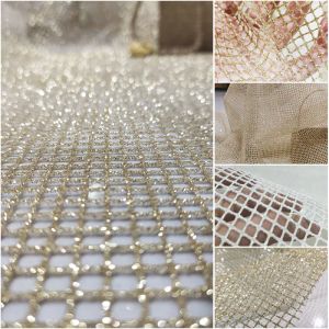 Fabric Hard Mesh Fabric Gold White Glitter Sequin Square Net Fabric Designer DIY Headdress Wedding Dress Material Party Decoration Tela