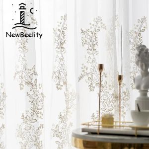 Cortinas de luxo bordado tule cortinas para sala estar casamento sheer fio ouro delicado branco tridimensional alívio voile
