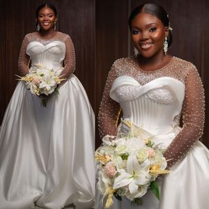 Size Plus Mermaid Dress Bride With Detachable Train Bridal Illusion Long Sleeves Pearls Satin Wedding Gowns For African Black Women Girl NW