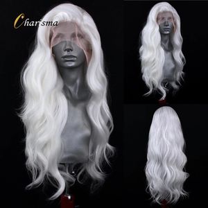 Charisma White Hair Long Body Wave Lace Front Wig Pre Plucked Synthetic Lace Frontal Wigs for Women Pink Blue Red Wig Daily Use 240312