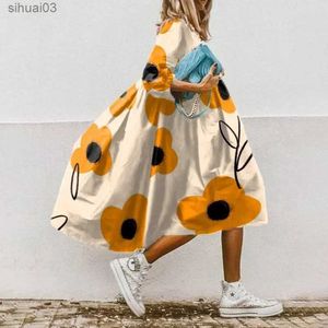 Basic Casual Dresses 2023 Floral Print Oversized Dress Women Elegant O Neck Half Sleeve A-Line Midi Dress Summer Boho Sundress Party Dreses VestidosL2403