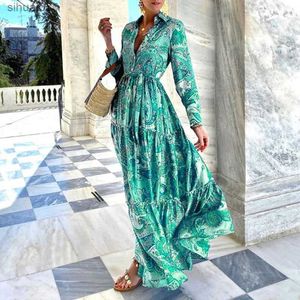 Basic Casual Dresses Summer Loose Boho Maxi Beach Dress Sexy Turn-down Collar Button Long Shirt Dress Women Spring Floral Print Pleated Party DressesL2403