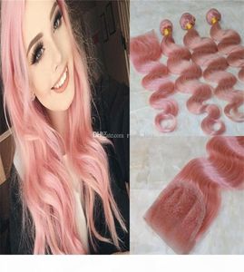 Pacotes de cabelo humano virgem do corpo brasileiro com encerramento de renda cor rosa de bebê não processado Remy Hair Weave Extensions Rose Gold T7427956