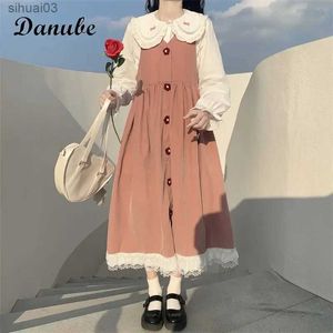 Grundlegende Freizeitkleider Vintage Langarm-Lolita-Kleid für Damen, japanisches Kawaii-Peter-Pan-Kragen-Hemd + hohe Taille, Riemen, Midi-Kleid, weiblich, Party, VestidosL2403