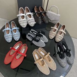 Designer de luxo sapatos mulheres ballet flats escavados malha sandália cabeça redonda strass rebite fivela mary couro genuíno jane sapatos confortáveis ​​mocassins