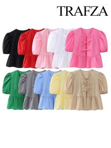 Kvinnors blusar Trafza Spring Fashion Multicolor O-Neck Casual Shirt Topps Retro Bow Tie Hollow Short Sleeve Pleated Street Top