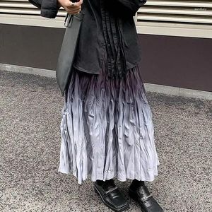 Kjolar vintage slips färgämne ruched folds midi long kjol kvinnor/sommar boho mode avslappnad veckad y2k koreanska kläder harajuku gata