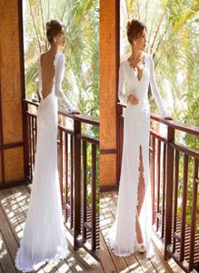 2015 Karen långa ärmar Julie Vino bröllopsklänningar Sexig rygglös spets Applique front split mantel brudklänningar vestidos de novia3619902