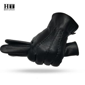 Winter Mens Leather Gloves Warm Soft Black Sewing Design Mittenskin Buckskin Gloves Imitate Wool Lining 240314