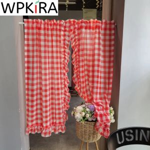 Tende 1 PZ Tasca per asta Classico Rosso Plaid Volant Tenda corta Voile velato per Cucina Camera da letto per ragazze Piccola finestra Caffè Mezza tenda